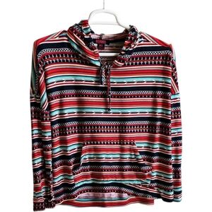 Rock & Roll Denim Red Striped Aztec Print Pullover Hoodie Size XL